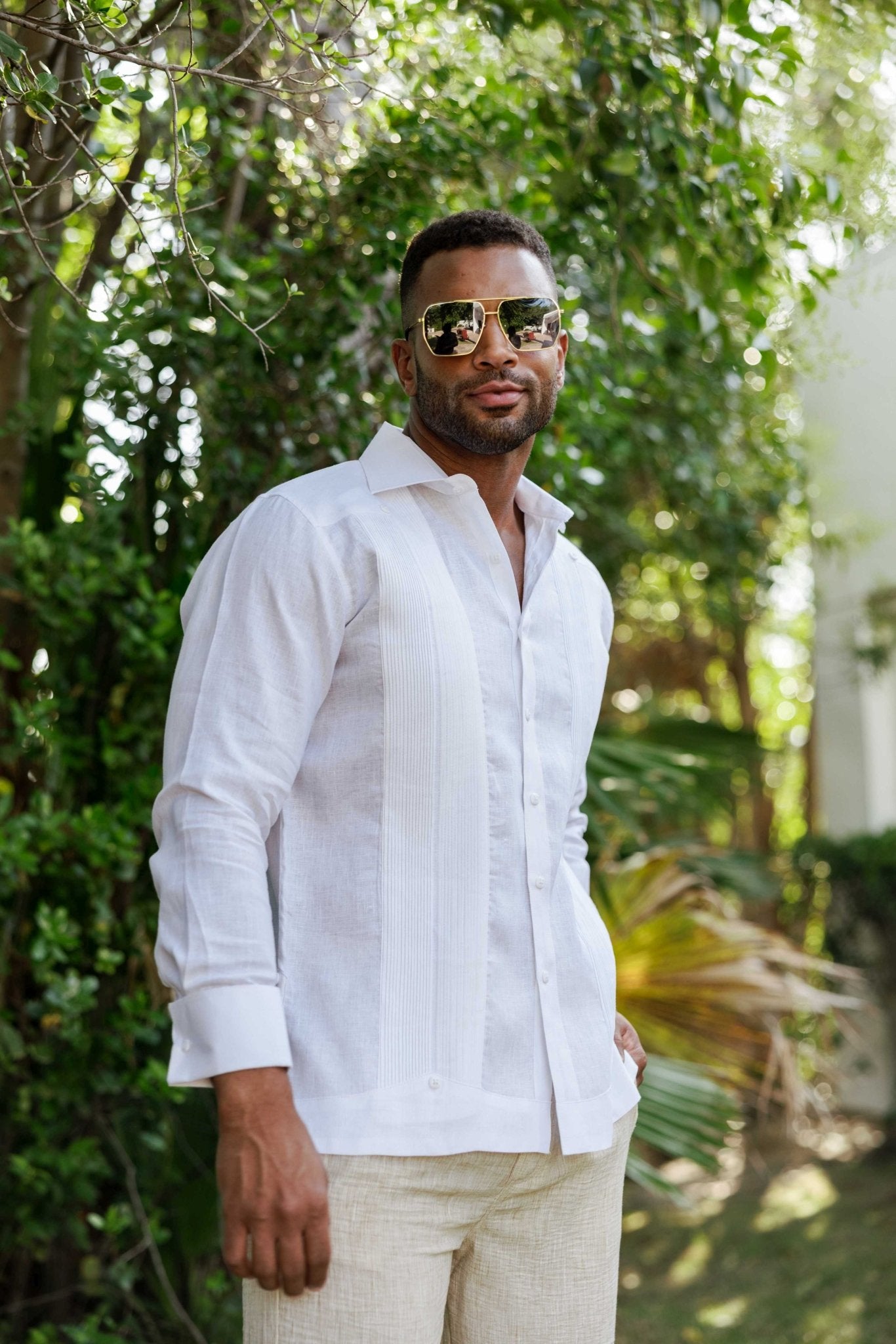 Men’s 100% Linen Wedding Shirt – Framed Pleat Guayabera with French Cuffs