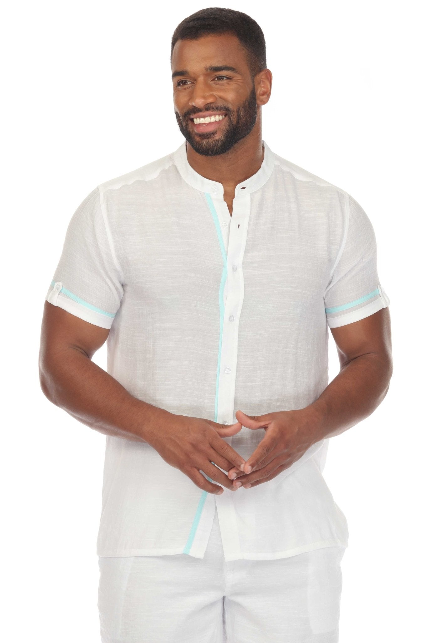 Men's Two-Tone Mandarin Collar Viscose Blend Shirt Short Sleeve S / WHITE-AQUA Men's Two-Tone Mandarin Collar Viscose Blend Shirt Short Sleeve S / WHITE-AQUA
