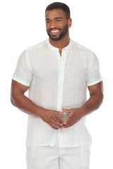 Beach Mandarin Collar Button Down Two Tone Shirt Short Sleeve