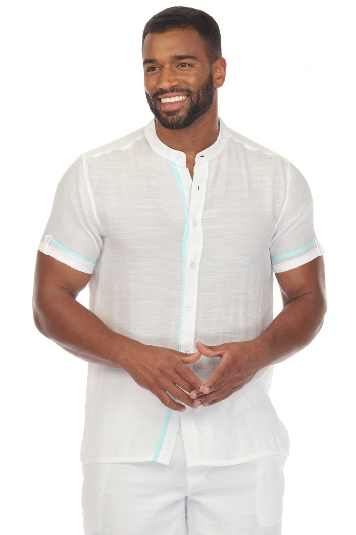 Beach Mandarin Collar Button Down Two Tone Shirt Short Sleeve