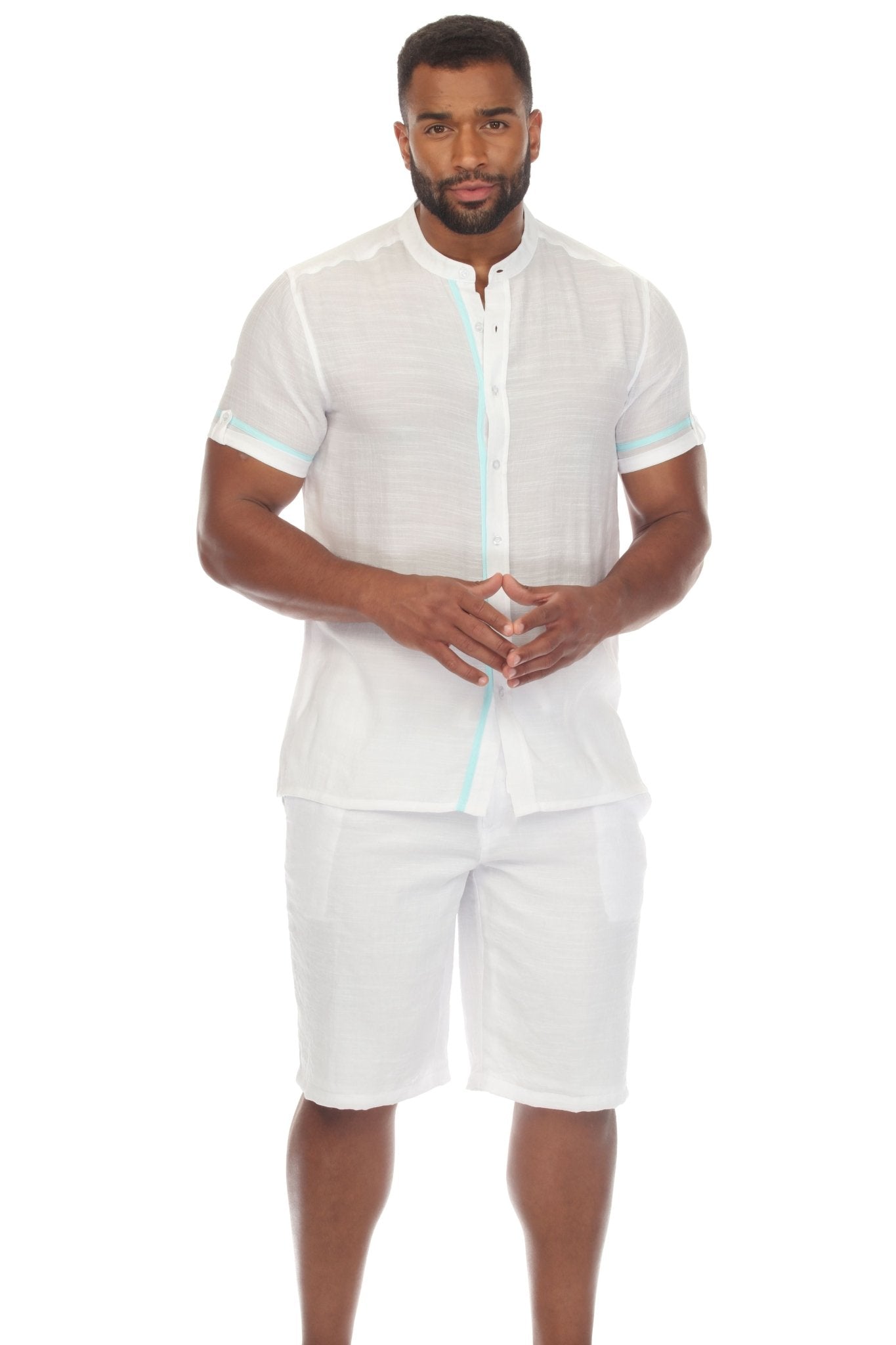 Beach Mandarin Collar Button Down Two Tone Shirt Short Sleeve