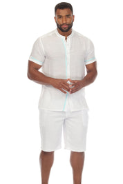 Men's Beach Mandarin Collar Button Down Two Tone Shirt Short Sleeve