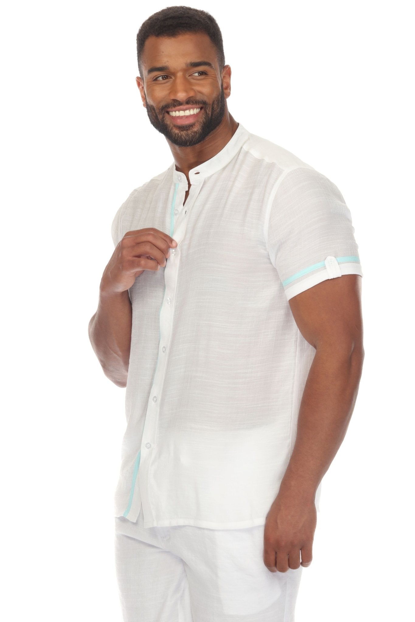 Men's Beach Mandarin Collar Button Down Two Tone Shirt Short Sleeve