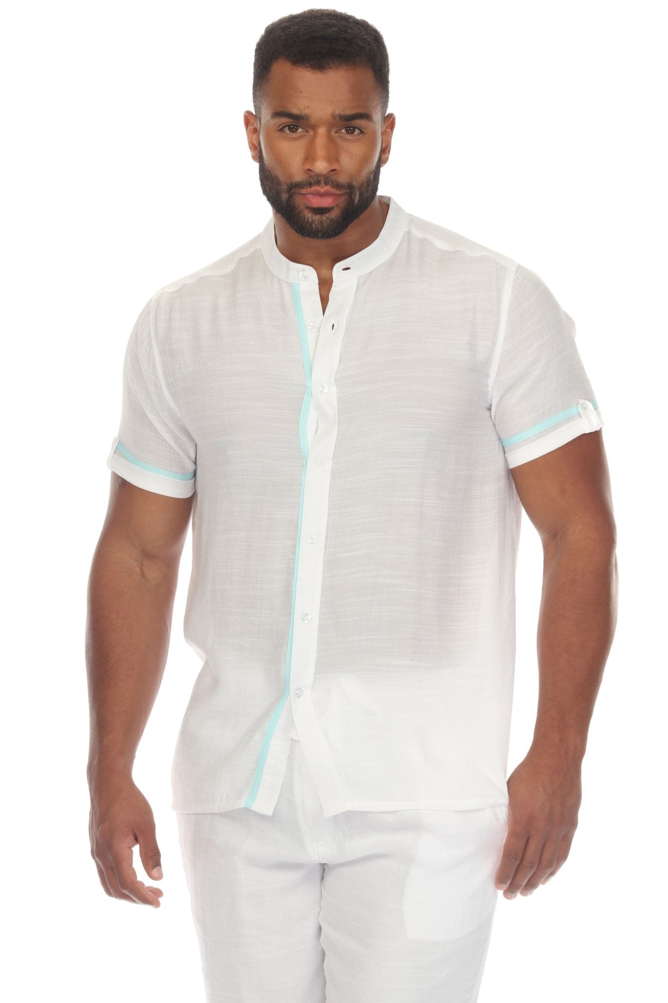 Men's Two-Tone Mandarin Collar Viscose Blend Shirt Short Sleeve S / WHITE-AQUA Men's Two-Tone Mandarin Collar Viscose Blend Shirt Short Sleeve S / WHITE-AQUA