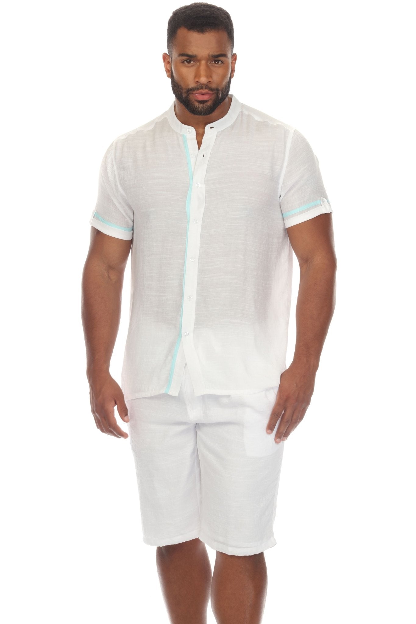 Men's Beach Mandarin Collar Button Down Two Tone Shirt Short Sleeve