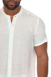 Men's Beach Mandarin Collar Button Down Two Tone Shirt Short Sleeve