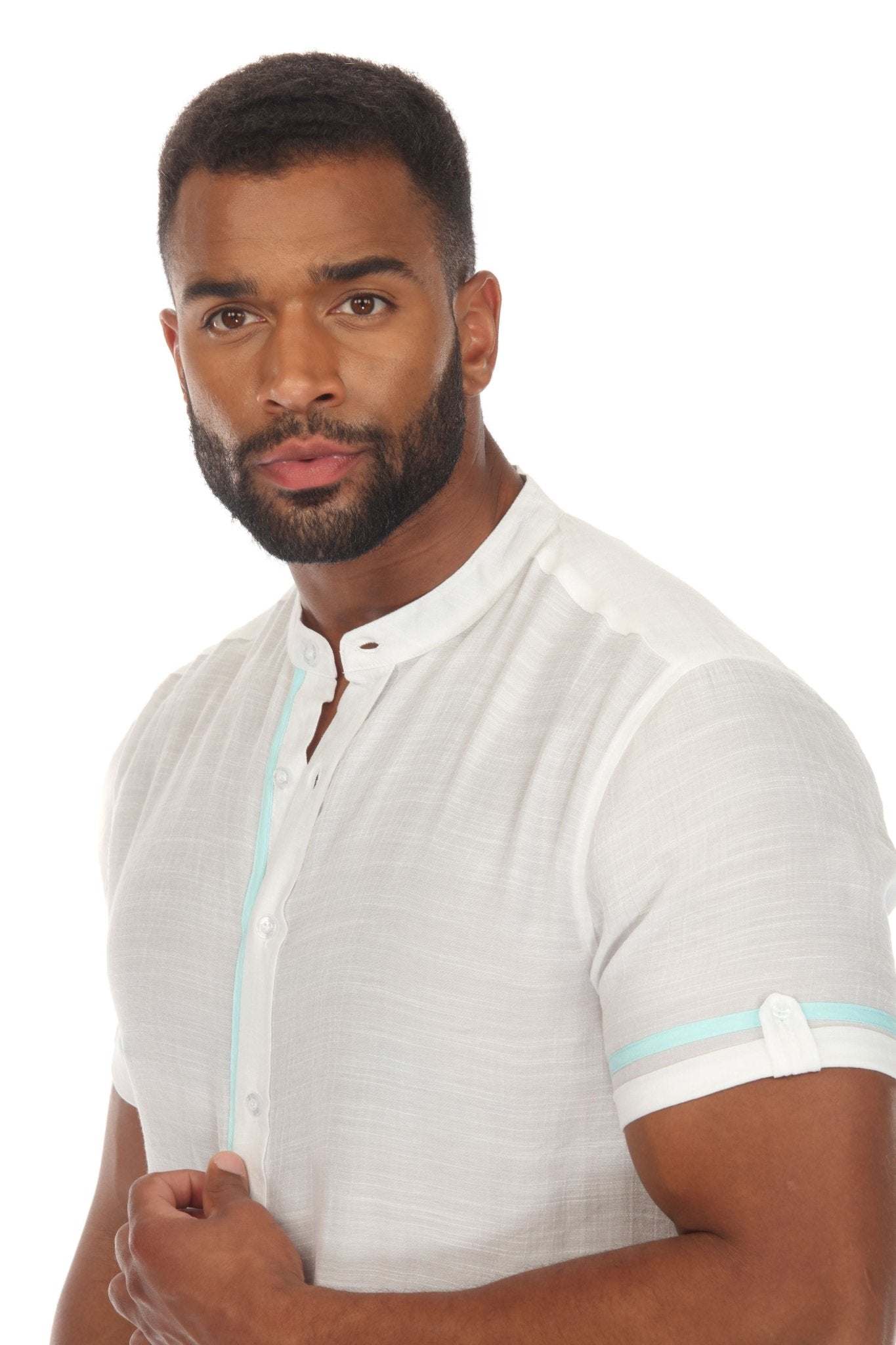 Men's Beach Mandarin Collar Button Down Two Tone Shirt Short Sleeve