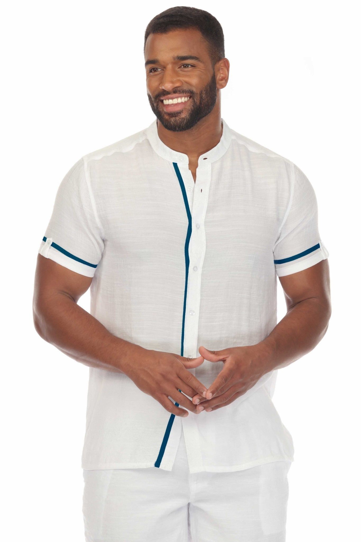 Camisa de playa de dos tonos con cuello mandarín y botones para hombre, manga corta