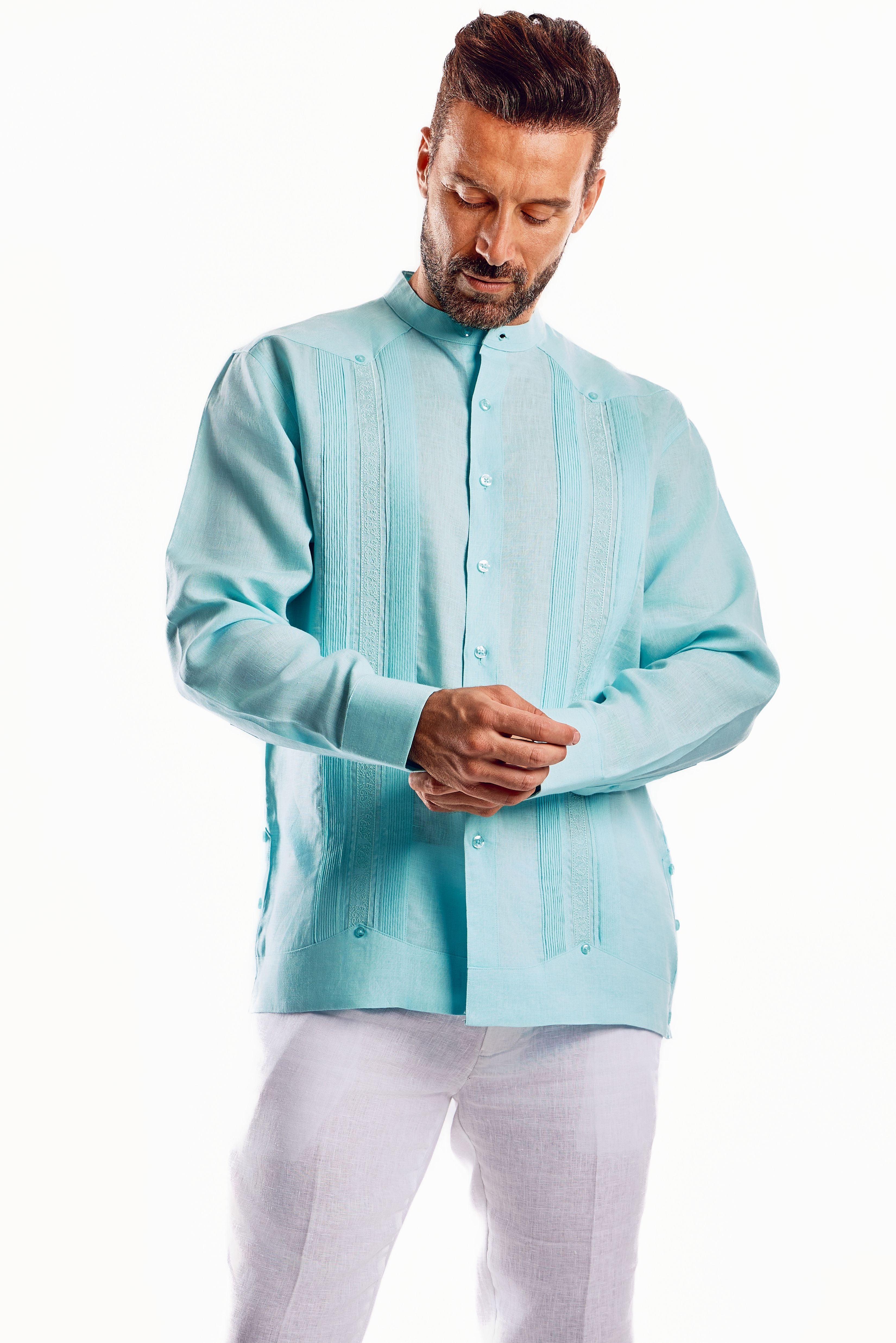 Mojito Men's 100% Linen Mandarin Collar Guayabera Chacabana Shirt