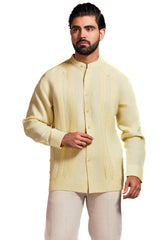 Camisa Guayabera de Cuello Mandarín 100% Lino para Hombre, Manga Larga con Bordado