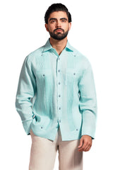 Camisa Guayabera 100% Lino para Hombre con Bordado de una Sola Puntada y Manga Larga