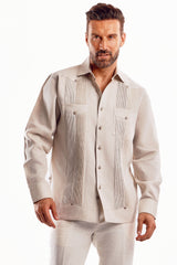 Camisa Guayabera 100% Lino para Hombre con Bordado de una Sola Puntada y Manga Larga