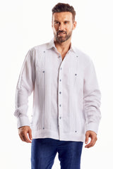 Camisa Guayabera 100% Lino para Hombre con Bordado de una Sola Puntada y Manga Larga