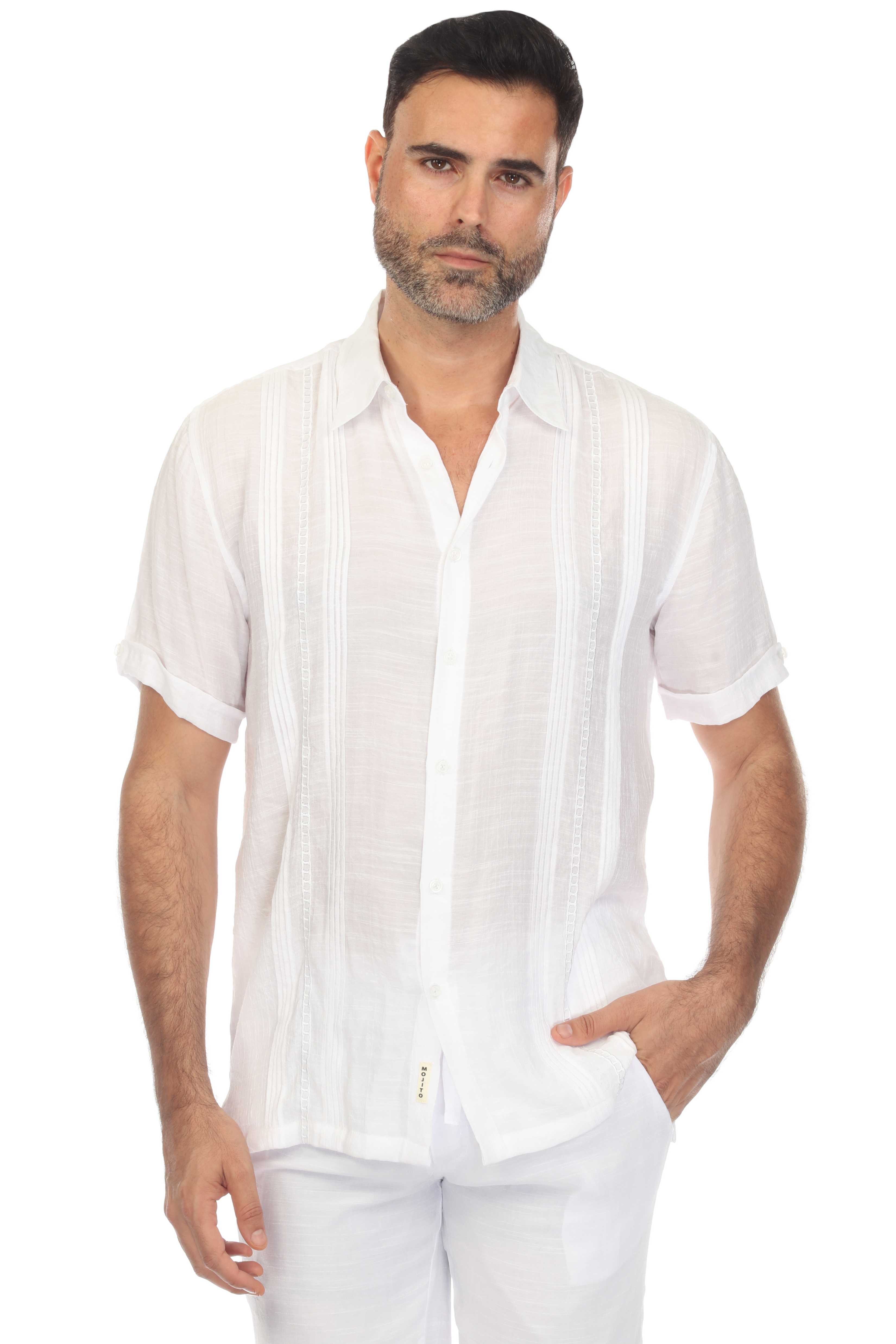 Camisa de playa bordada con botones y diseño plisado para hombre, manga corta