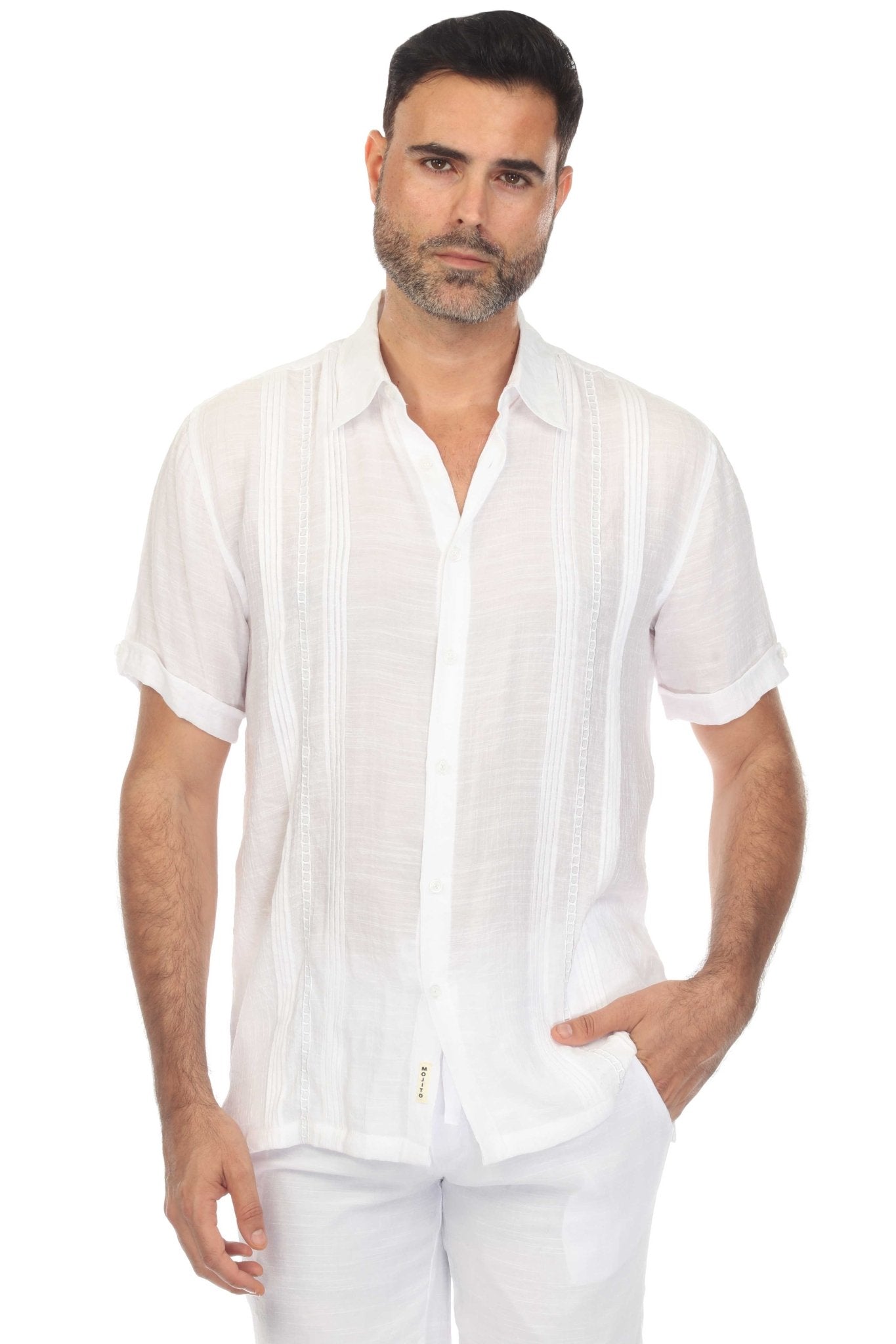 Men's Viscose Blend Beach Shirt Tonal Embroidery Short Sleeve Large / NATURAL
