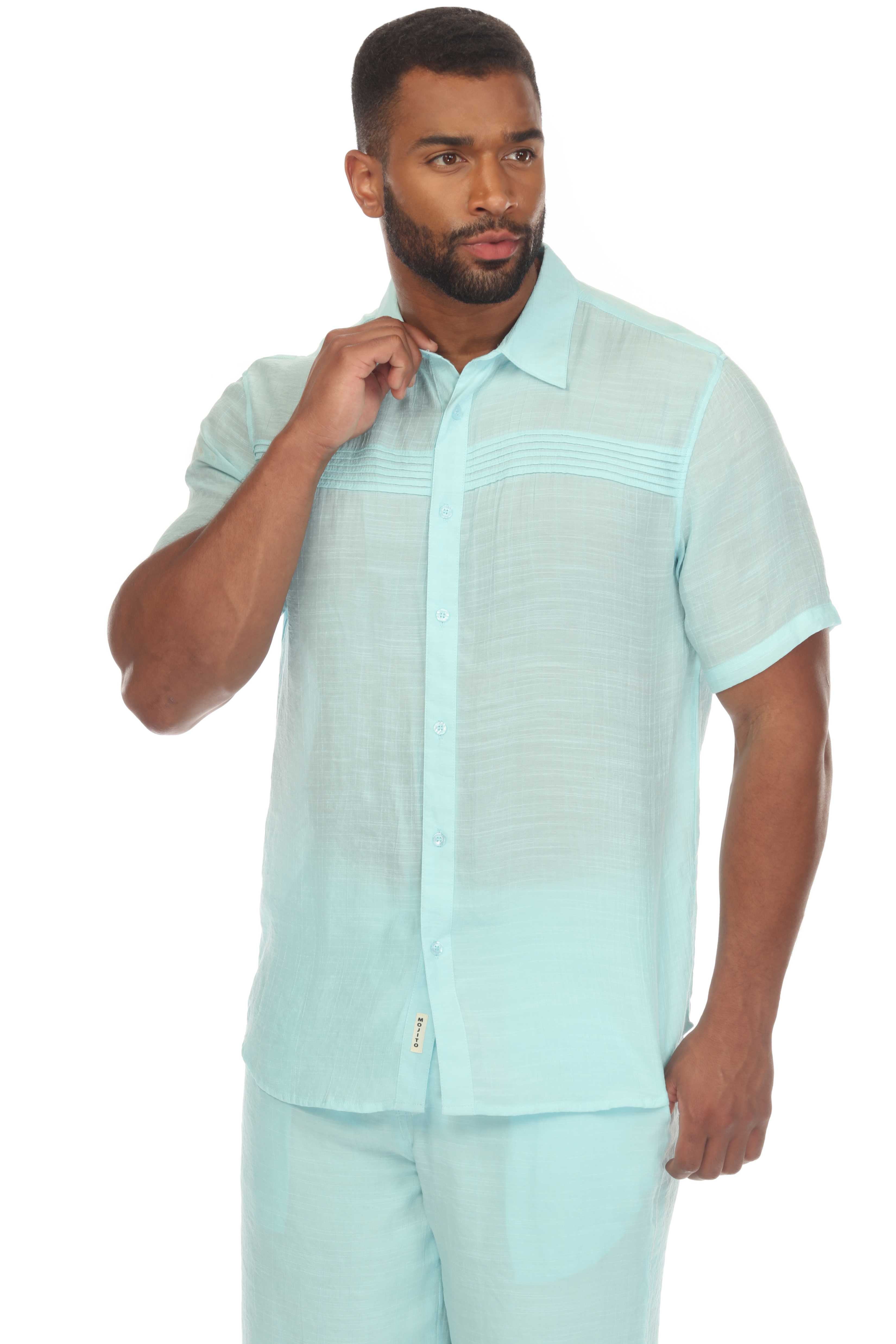 Camisa playera de manga corta con botones y ribete plisado para hombre