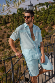 Mojito Men's Beach Button Down Shirt Short Sleeve with Pleated Trim