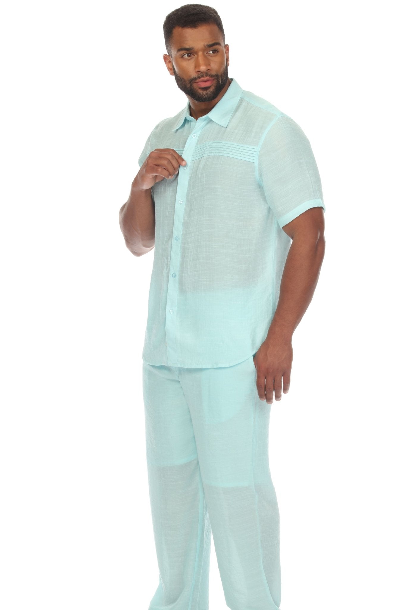 Men's Pleated Trim Beach Resort Button Down Shirt Short Sleeve