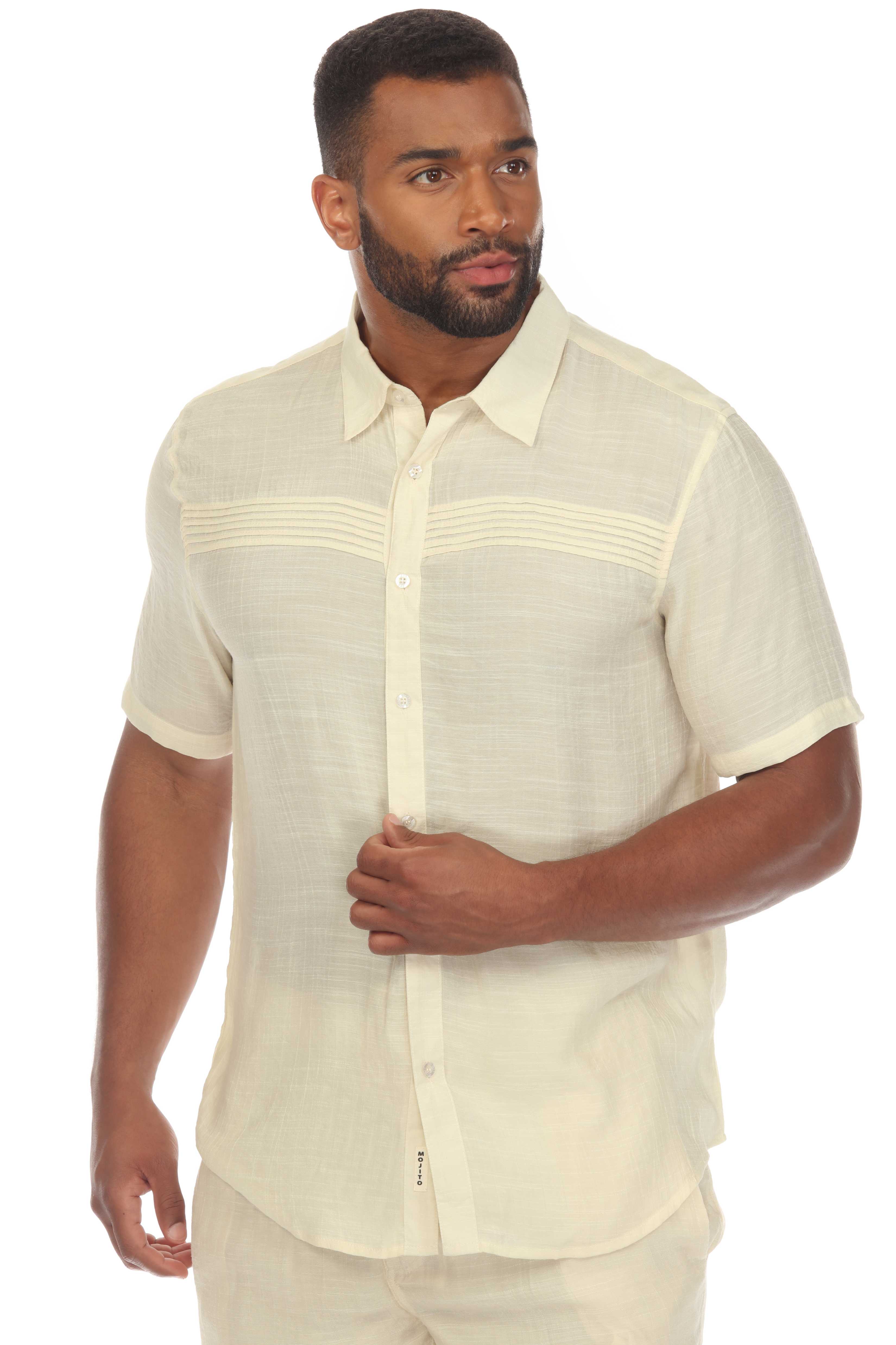 Camisa playera de manga corta con botones y ribete plisado para hombre