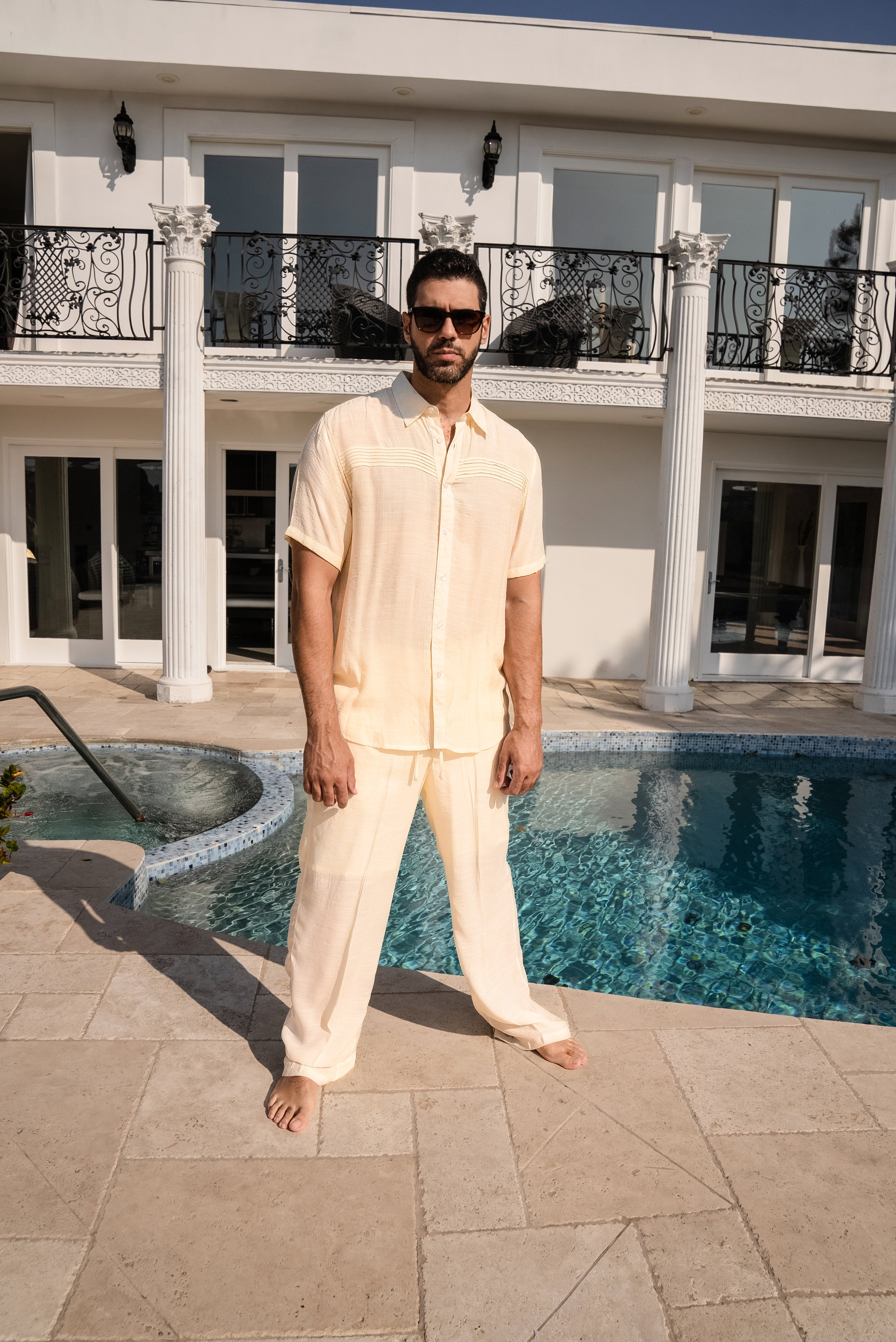Mojito Men's Beach Button Down Shirt Short Sleeve with Pleated Trim