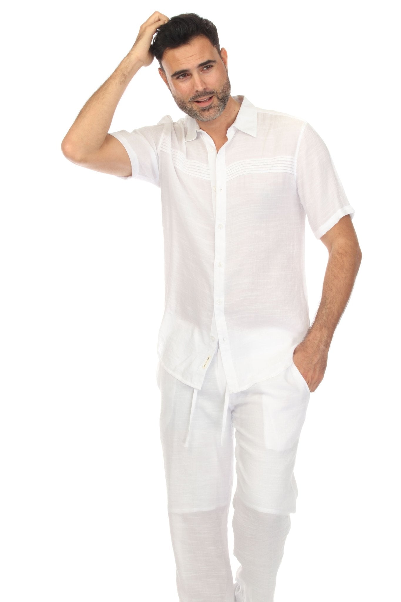 white dress shirt with shorts White Linen Short Sleeve Camp Shirt