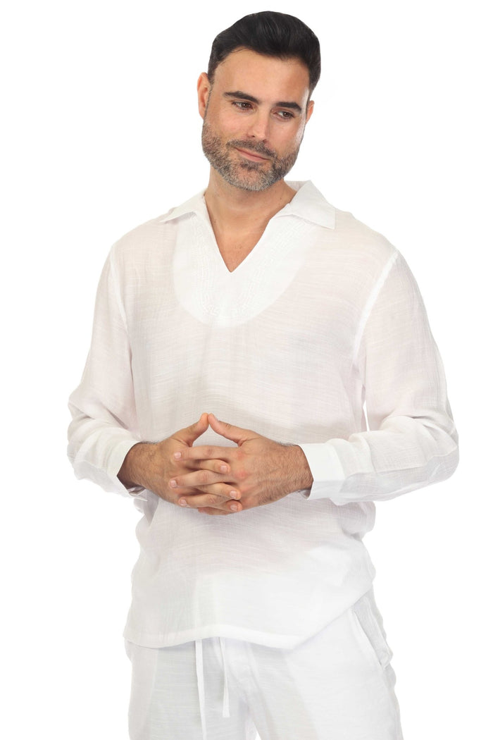 Beach V-Neck Collar Shirt Long Sleeve with Embroidered Accent