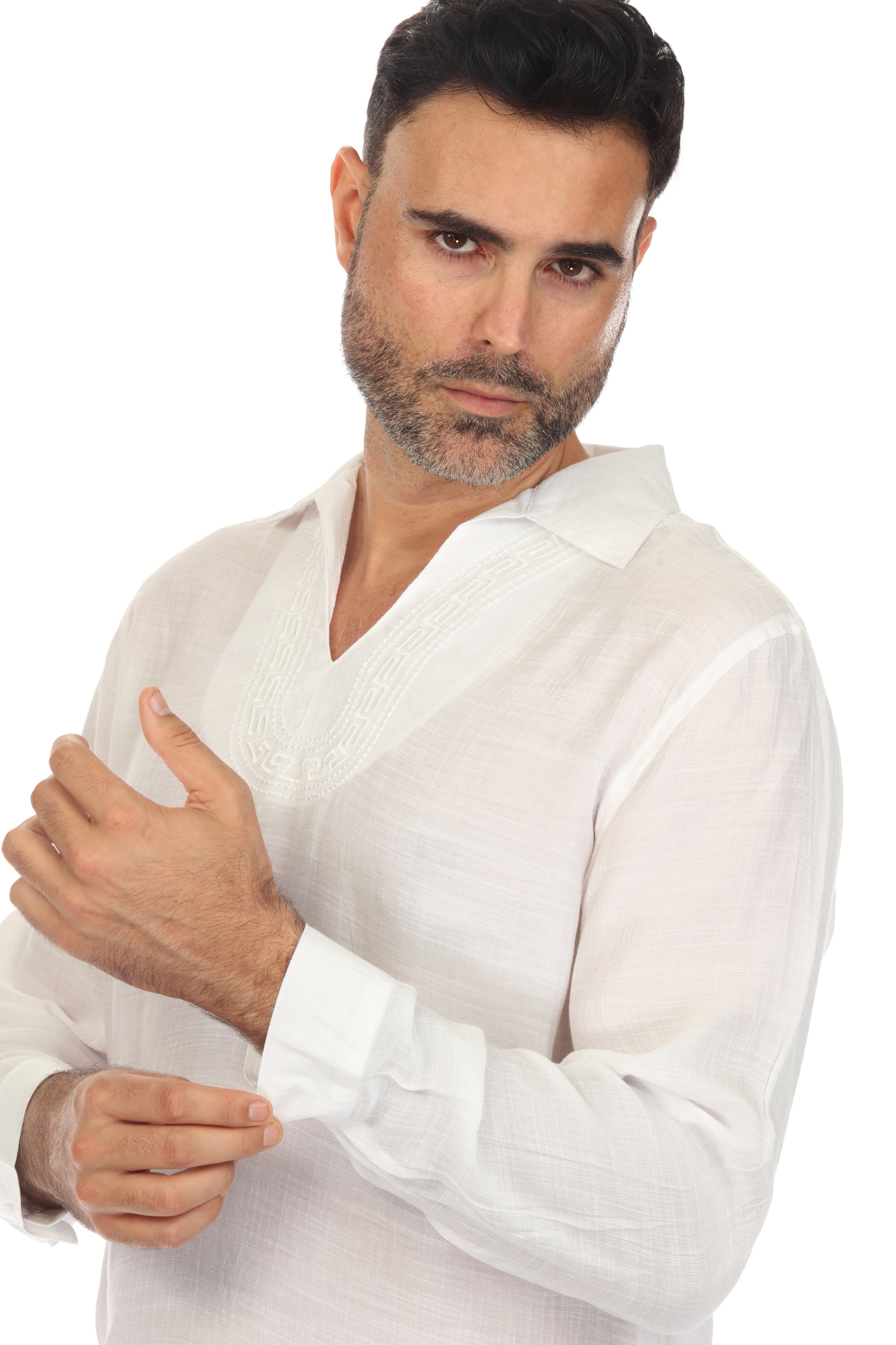 Camisa playera de cuello en V para hombre, manga larga, con detalle bordado