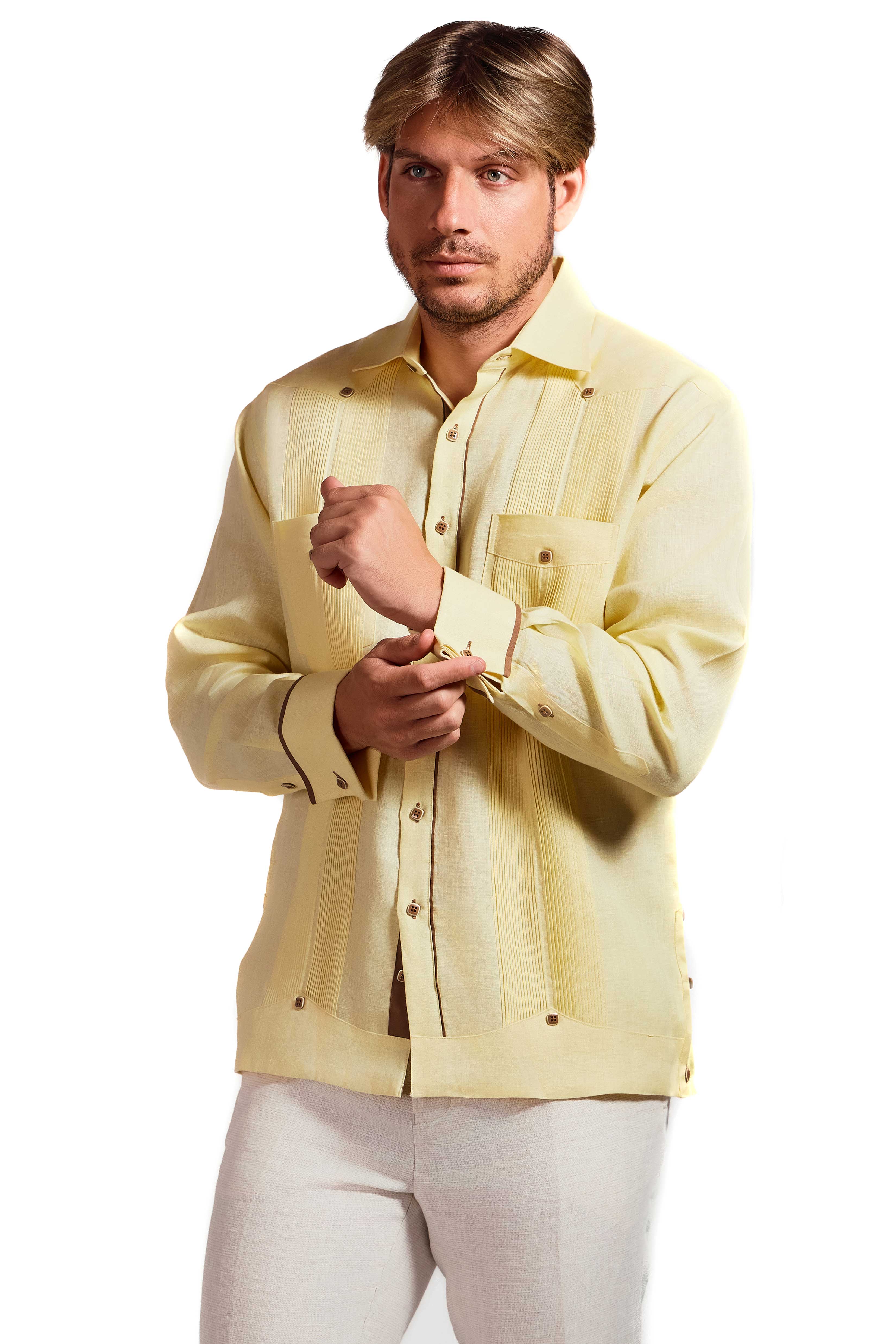 Mojito Men's Guayabera Shirt Chacabana with Contrast Trim 100% Linen Long Sleeve