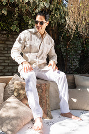 Men's 100% Linen Guayabera Shirt Long Sleeve with Embroidered Trim