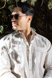 Men's 100% Linen Guayabera Shirt Long Sleeve with Embroidered Trim