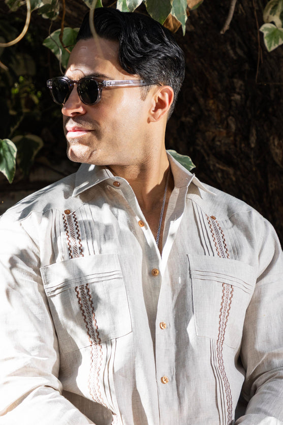 Men's 100% Linen Guayabera Shirt Long Sleeve with Embroidered Trim