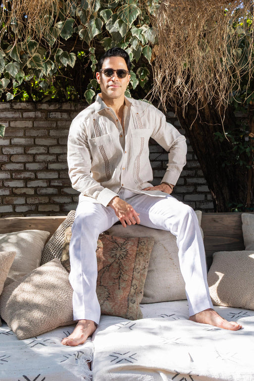 Men's 100% Linen Guayabera Shirt Long Sleeve with Embroidered Trim