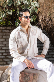 Men's 100% Linen Guayabera Shirt Long Sleeve with Embroidered Trim