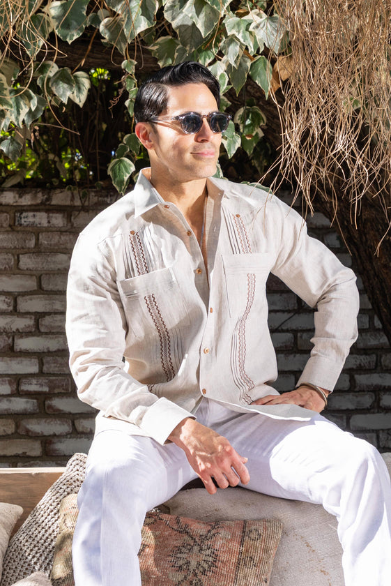 Men's 100% Linen Guayabera Shirt Long Sleeve with Embroidered Trim