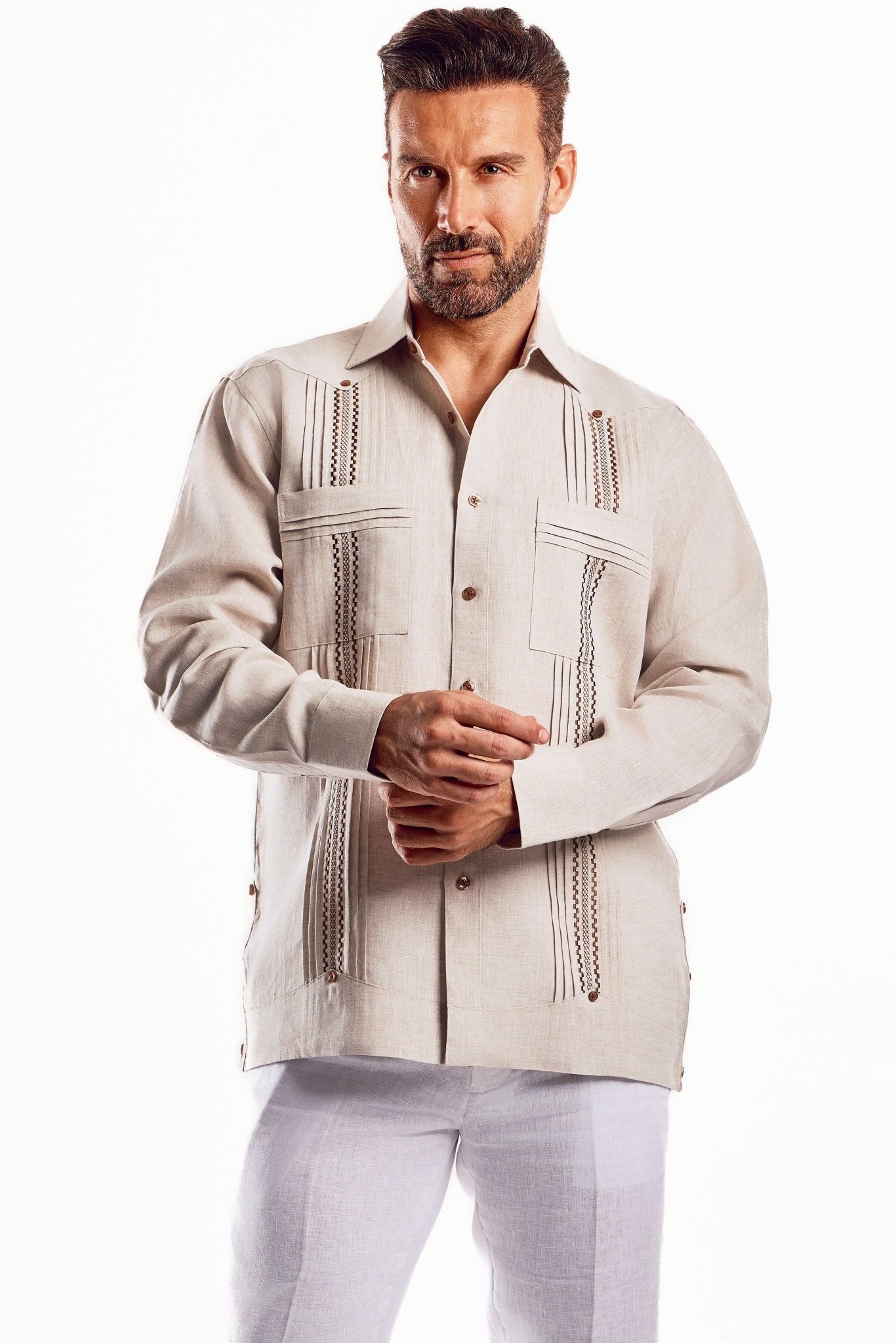 Men's 100% Linen Guayabera Shirt Long Sleeve with Embroidered Trim