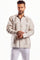 A man wearing a tan 100% Linen Embroidery Trimmed Guayabera Long Sleeve shirt, shown from the front.
