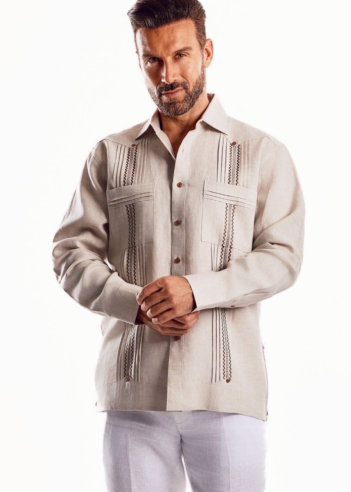 Men's 100% Linen Guayabera Shirt Long Sleeve with Embroidered Trim