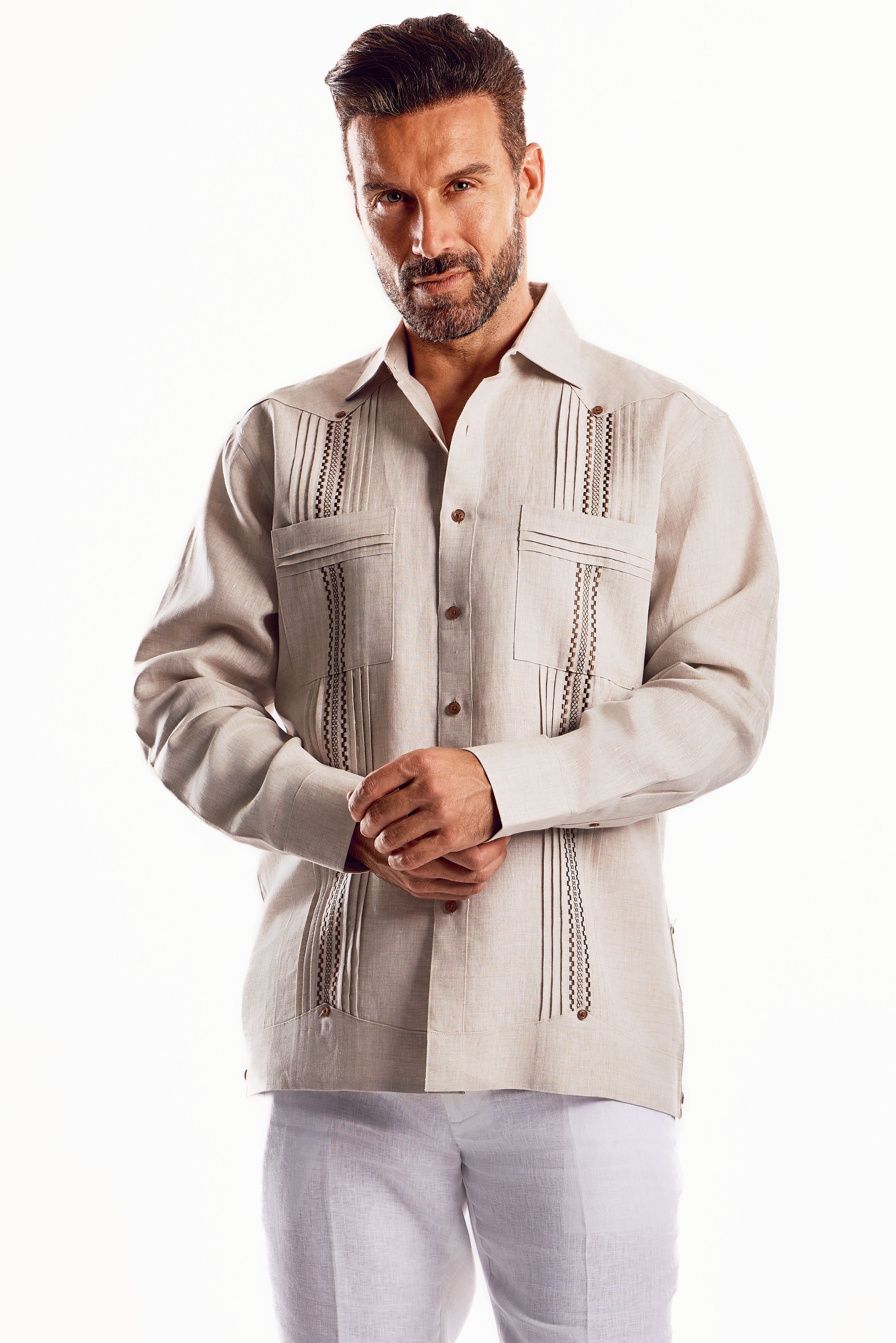 Men's Plus Size Embroidery Trimmed Guayabera Shirt Long Sleeve