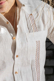 100% Linen Embroidery Trimmed Guayabera Long Sleeve