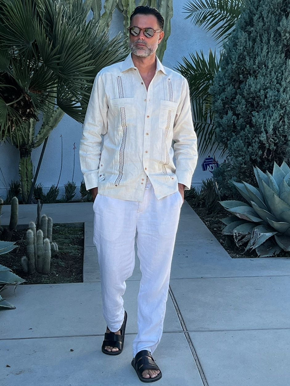 Men's Plus Size Embroidery Trimmed Guayabera Shirt Long Sleeve