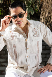 Men's 100% Linen Guayabera Shirt Long Sleeve with Embroidered Trim