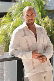 100% Linen Embroidery Trimmed Guayabera Long Sleeve