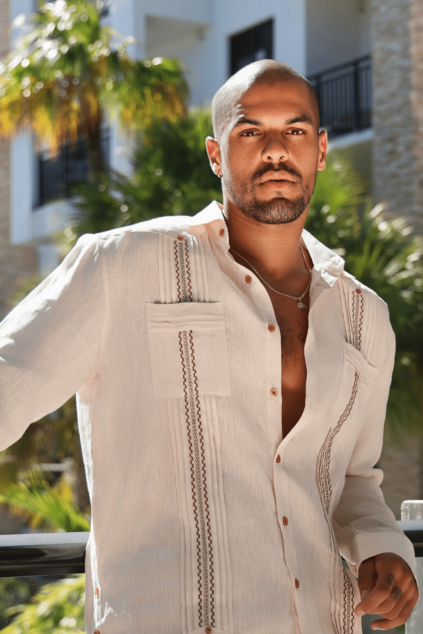 100% Linen Embroidery Trimmed Guayabera Long Sleeve