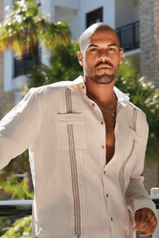 100% Linen Embroidery Trimmed Guayabera Long Sleeve