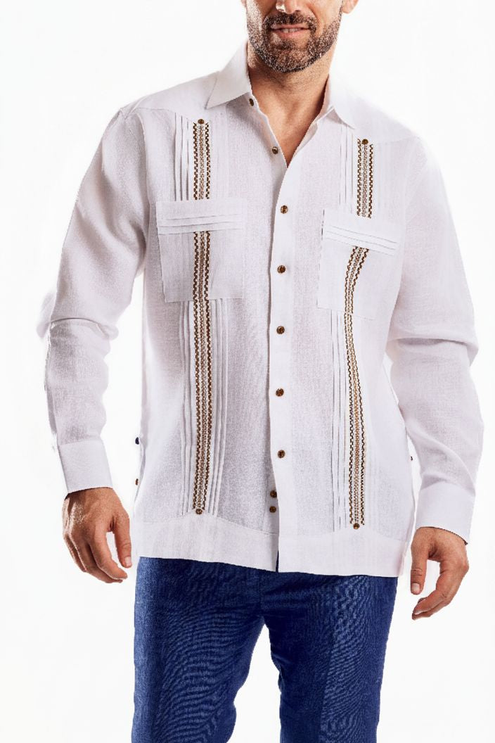 Men's Plus Size Embroidery Trimmed Guayabera Shirt Long Sleeve
