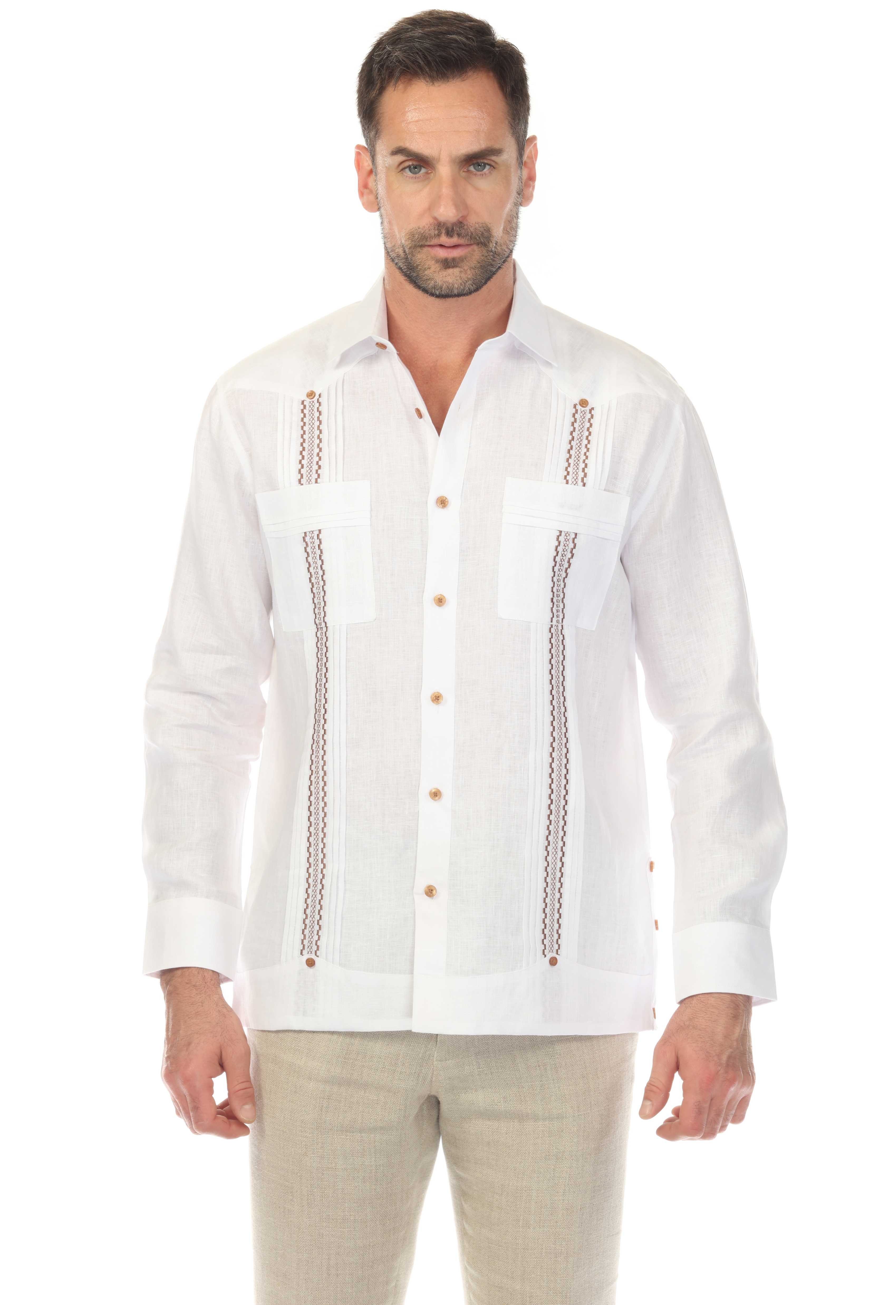 Men's 100% Linen Guayabera Shirt Long Sleeve with Embroidered Trim