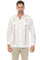 Front view of a man wearing the white, long-sleeve 100% Linen Embroidery Trimmed Guayabera with button details.