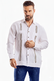 Men's 100% Linen Guayabera Shirt Long Sleeve with Embroidered Trim