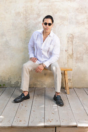 Men's 100% Linen Guayabera Shirt Long Sleeve with Embroidered Trim