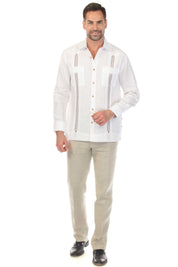 Men's 100% Linen Guayabera Shirt Long Sleeve with Embroidered Trim